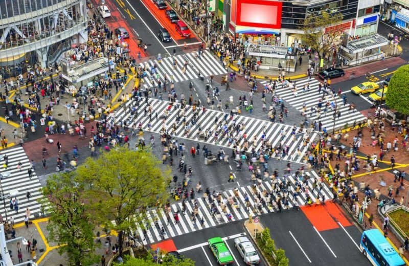 Japan: Tokyo, Japan view of Shibuya Crossing. Japan Economy